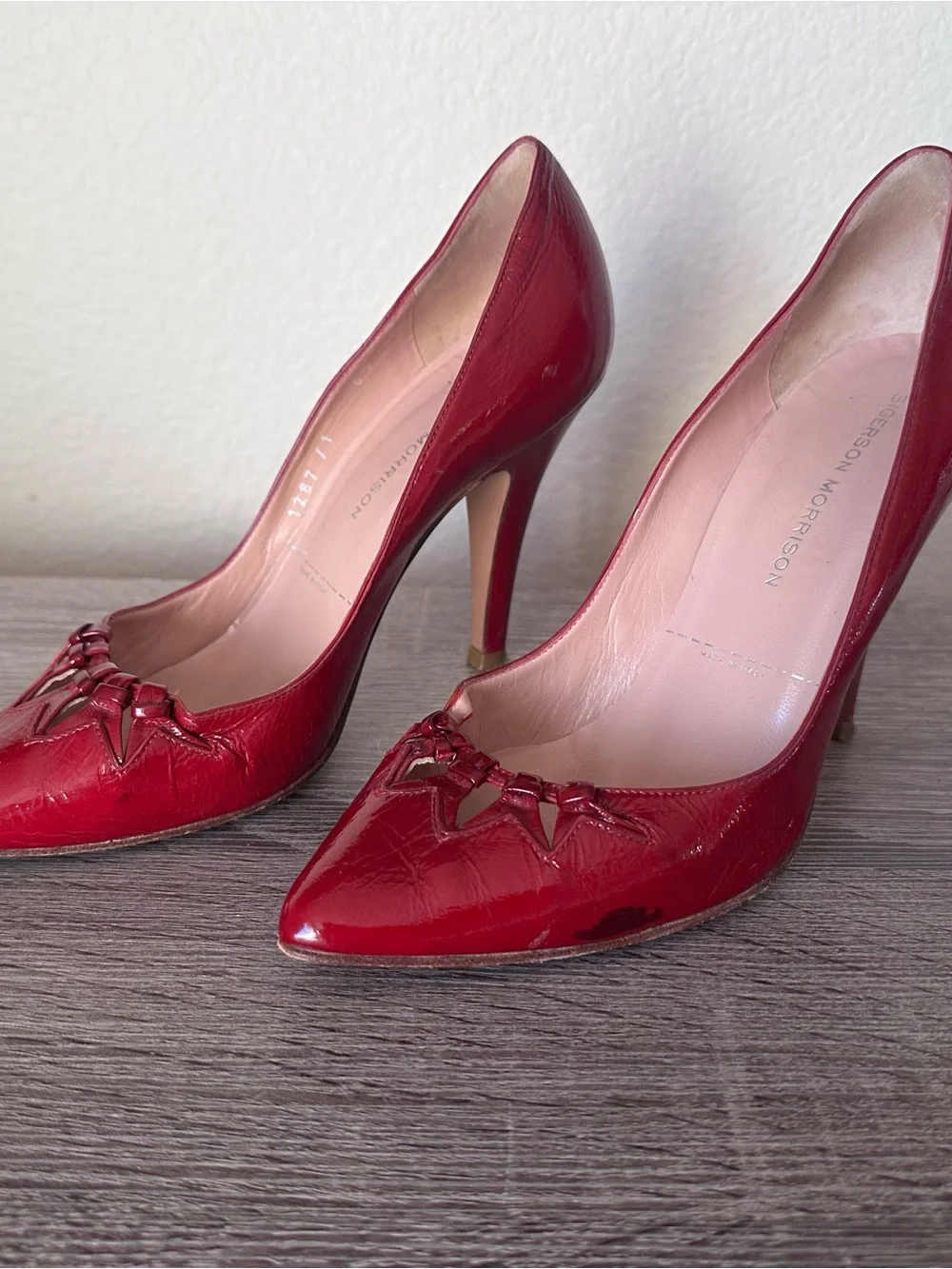 Vintage Sigerson Morrison Size 6.5 Red Patent Leather Pointed Toe Stiletto Heels